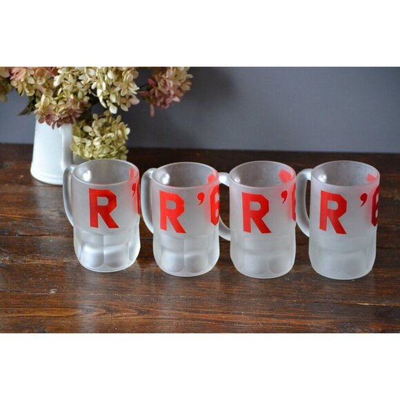 Four Hazel Atlas Frosted Glass Beer Mug red Collegiate Letterman Vintage barware - Picture 5 of 7